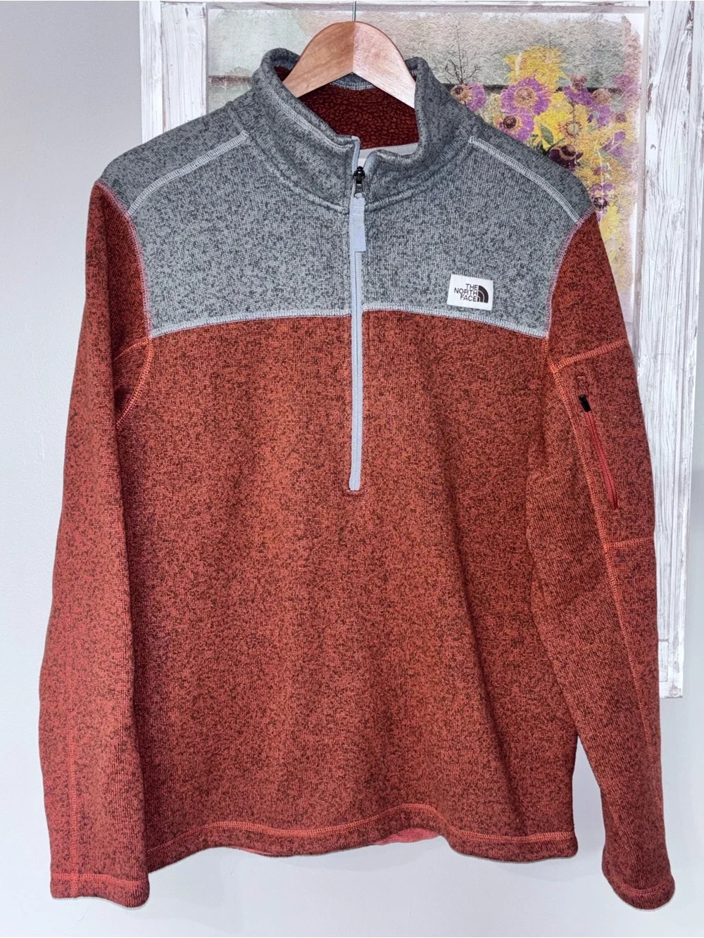 North Face Gordon Lyons Quarter-Zip Fleece Pullover M Orange & Gray Heather